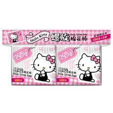 Hello Kitty 凱蒂貓 螺旋塑軸棉花棒 塑軸 純棉雙頭, 100支, 6袋