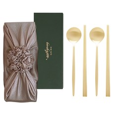 Nothyang 韓式包巾包裝 方字鍮器 月亮 2人份餐具組, 金色(餐具), 可可米色(韓式包巾), 1套, 湯匙 2p + 筷子 2p + 韓式包巾