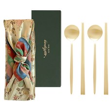 놋향 보자기포장 방짜유기 달 2인 수저세트, 골드(수저), 오복 그린(보자기), 1세트, 숟가락 2p + 젓가락 2p + 보자기