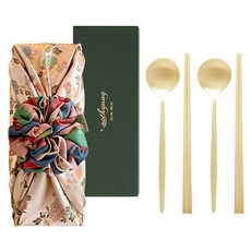 놋향 보자기포장 방짜유기 달 2인 수저세트, 골드(수저), 오복 핑크(보자기), 1세트, 숟가락 2p + 젓가락 2p + 보자기