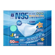 BLUE EAGLE 藍鷹牌 成人N95立體型醫用口罩, 青色, 50片, 1盒