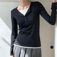 afinar 女款假兩件亨利領透膚羅紋長袖T恤