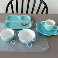 DOHO 兒童餐具9件組, 霧面薄荷綠, 飯碗 2入(S+M)+杯子+餐盤+托盤+桌墊 4入