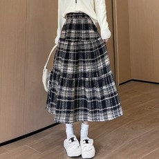 피어니스트 여성용 스플라이싱 체크패턴 플리츠 롱스커트