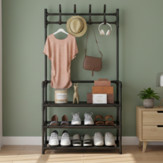 YHOP 外套掛架鞋子收納一體成型衣帽架, 黑色 3層 簡約款