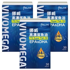 RELIVE 90%超高濃度挪威魚油 0.7g 30顆 高濃度Omega-3 rTG型好吸收 全家保健首選, 3盒