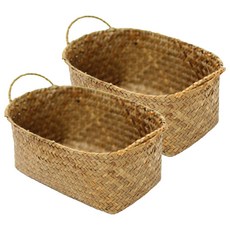 Gongganlove 帶手柄圓形藤製水果籃 M 27 x 17 x 11cm, 天然, 2個