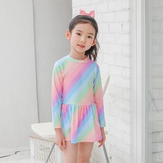 ROROCHAT 女童彩虹條紋印花長袖防曬連身泳衣+泳褲套裝