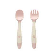 CherChouChou 嬰兒矽膠湯匙叉子組 第3階段, 象牙白 粉色, 1組