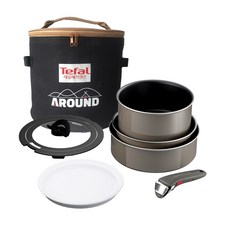 Tefal 特福 巧變精靈 鈦金2X 露營鍋具組, 密封蓋 20cm + 平底鍋 22cm + 多功能燉鍋 24cm + 單柄湯鍋 20cm + 玻璃鍋蓋 20cm + 玻璃鍋蓋 24cm + 把手 + 專用收納袋, 灰色