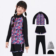 AQUATICA 孩童印花長袖泳衣+短褲+長褲+泳帽+收納袋 AQA335