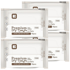 MOTHER-K 頂級乾濕兩用純棉紙巾, 新生兒/嬌嫩肌膚清潔, 100%純棉, 韓國製造, 60g, 15張, 4包