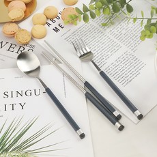 Bogen 孩童方柄雙色匙筷+叉子組, 藍色, 湯匙+筷子+叉子, 1組