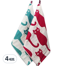 북유럽풍 핸드 주방 타월 고양이 2종, 그린, 레드, 4세트