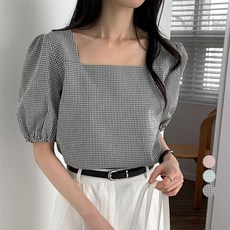 afinar 女款方領格紋泡泡紗上衣