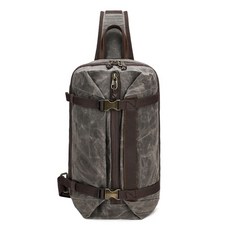 過蠟防潑水帆布配頭層牛皮雙口袋男士肩背包胸包男包 CLB17