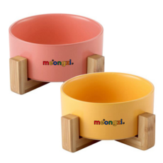 멍지 강아지 고양이 도자기 식기 2종 세트, 옐로우, 핑크, 1세트