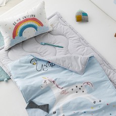 PRIELLE 童款棉質獨角獸圖案午睡被+防滑鋪棉睡墊+鋪棉枕芯+生活防水收納袋組, 灰色