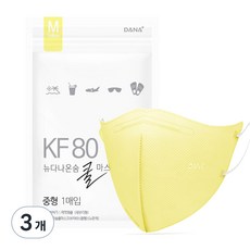 다나마스크 뉴다나온숨 쿨 새부리형 중형 KF80, 50개입, 3개, 노란색