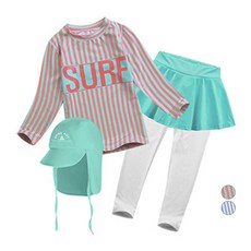 GOING KIDS 女童款SURF印花條紋長袖泳衣+長泳褲裙+遮陽帽
