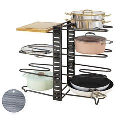 엠디유마켓 프리미엄 높이 조절 후라이팬 정리대 + 냄비받침대 세트, 8단, 블랙, 1세트