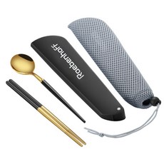 Roebenhoff 不鏽鋼餐具組 湯匙+筷子+收納盒+收納袋, 金黑色, 1套