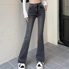 美式雙釦刷舊微喇叭牛仔長褲，丹寧布料, S, 黑灰色, 1件