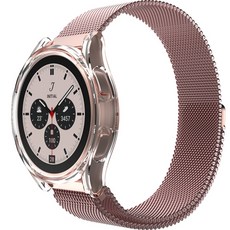 SINJIMORU Galaxy Watch金屬錶帶+透明邊框錶殼, 玫紅色（錶帶），晶瑩剔透（錶殼）