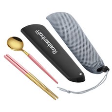 Roebenhoff 湯匙 + 筷子 + 滑蓋盒 + 收納袋 不鏽鋼餐具組, 玫瑰金, 1套