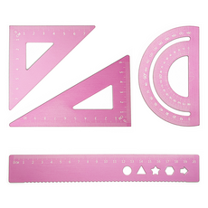 D&O 不鏽鋼三角尺 + 量角器 + 尺子套組, 1套, 粉紅色