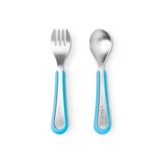 VIIDA Souffle 抗菌不鏽鋼叉匙組, 304L抗菌不鏽鋼食品級矽膠, 湯匙36g + 叉子34g, 寶貝藍, 1組