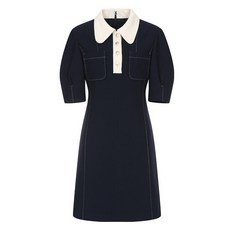 OLIVE DES OLIVE 女款圓領拼色翻領迷你連身裙, 海軍