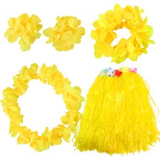 夏威夷草裙 + 項鍊 + 花環 + 手鍊 2p 套裝, 1套, 黃色