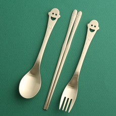 微笑造型孩童餐具 3件組, 金色, 湯匙+叉子+筷子