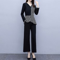 ATTERLIC 大尺碼V領條紋罩衫寬褲兩件式西裝套裝 00251