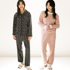 테라우드 여성용 플라워 피치 기모 상하의 잠옷 + 융털 수면 상하의 잠옷 세트
