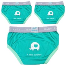 베이비플라넷 밤부 배변훈련팬티 아이 러브 엘리펀트, 그린, 3개