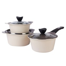 Kitchenwell Bellos 陶瓷湯鍋三件組 附鍋蓋, 18公分單柄鍋 + 16公分雙柄鍋 + 20公分雙柄鍋, 米色, 1組