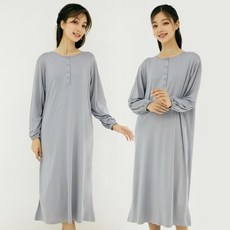 테라우드 여성용 피치 기모 허그 라운드 긴팔 잠옷 원피스 2p