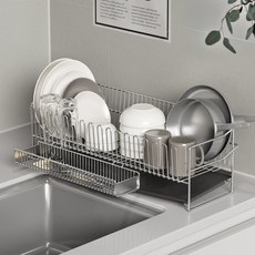LALABAM 全不鏽鋼自動排水超薄迷你碗盤瀝水架組, 不鏽鋼, 1套, 1層