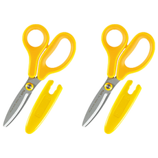 FitcutCurve 兒童30度弧線剪刀 左手用 SC-145ML, 氟素加工刀刃不沾黏, 安全圓形尖端附收納蓋, 柔軟材質握柄, 黃色, 2個