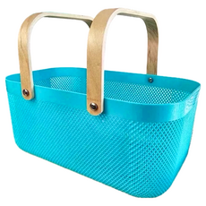 北歐風加寬木柄手提收納籃, 縷空籃體, 超大容量, 輕量設計, 耐重加大, 通風瀝水, 40 x 21 x 18cm, 經典藍綠, 1個