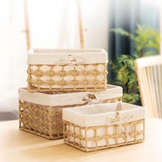 上手家居 編織收納籃 Set 3入, 天然草藤收納筐, 大(34 x 23.5 x 16cm) +中(30 x 19.5 x 14.5cm) + 小(26 x 16 x 12cm), 小,中,大, 1組