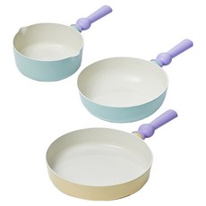 BetterFinger 電磁爐用平底鍋3件組 3入, 1套, 薄荷綠, 淺黃色, 迷你炒鍋 18cm + 炒鍋 22cm + 平底鍋 24cm