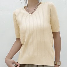 더시럽 여성용 골지 V넥 베이직 반팔 니트