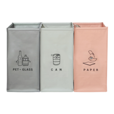 Nature Living 可摺疊式分類回收箱 3個, 54L大容量, 有長提把, 魔鬼氈設計, 方便收納, 30 x 30 x60cm, 粉色 + 墨綠色 + 灰色