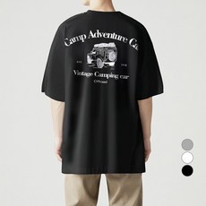 露營吉普車印花基本款寬版透氣短袖T恤, 黑色