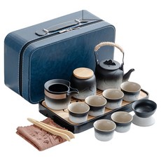 麂皮手提旅行箱 茶杯6件組 附茶盤, 1組, 藍色 + 黑色漸層