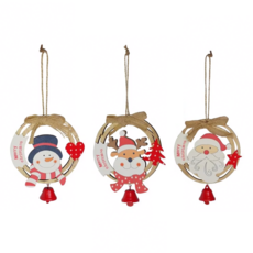 摩達客 耶誕可愛圓形木質彩繪吊飾 Set 3入, 聖誕老公公 雪人 麋鹿 木片麻繩, YS-HD23002, 1組, 10x13x3cm