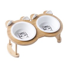 貓耳勺木架陶瓷碗 雙碗, 灰貓, 1組